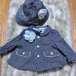 Janie and Jack Baby Girl Navy & White Gingham Baby Jacket and Hat Set 6-12M